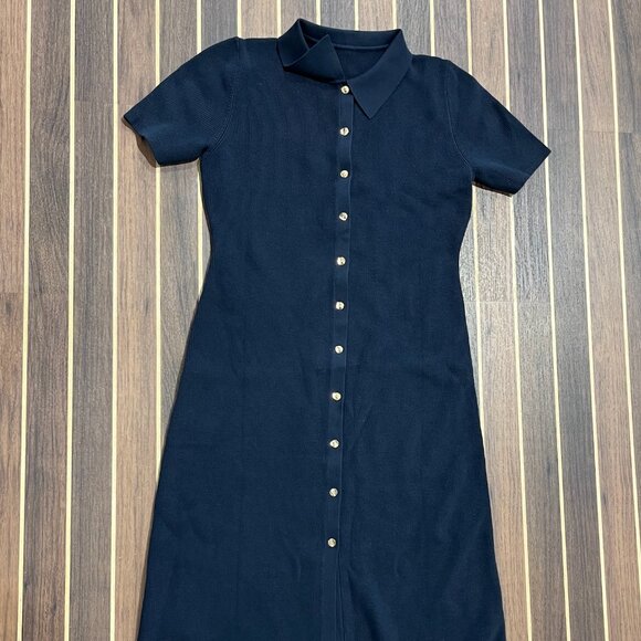 Navy Blue Knit Long Button Down Dress - Picture 1 of 3